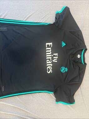 adidas Black and Teal Real Madrid Fly Emirates Men's Jersey